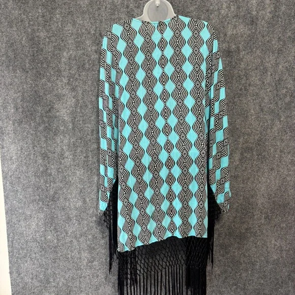 Democracy Kimono Cardigan Women XL Turquoise Black Diamond Pattern Fringe Boho - Picture 2 of 8